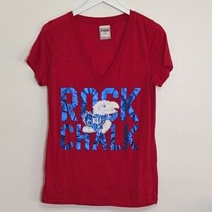 Victoria's Secret Pink KU Rock Chalk Jayhawk Print Red Short Sleeve Large